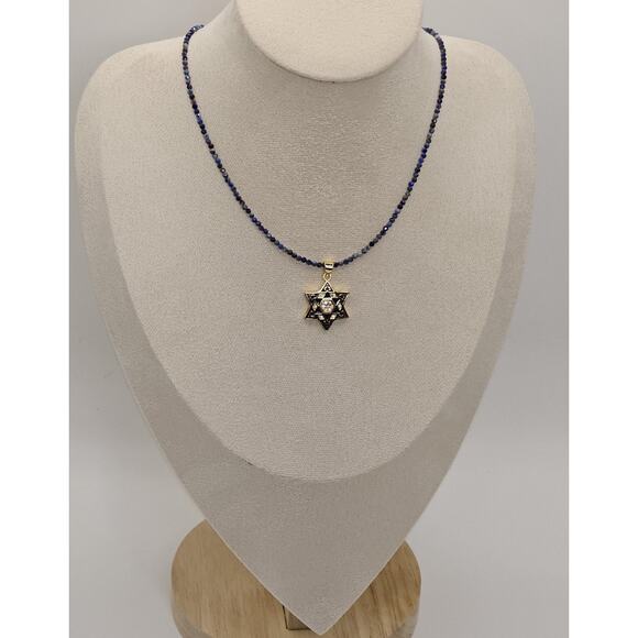 Stunning Blue Enamel CZ Star of David Necklace Adjustable Lapis Lazuli Chain - Picture 3 of 7